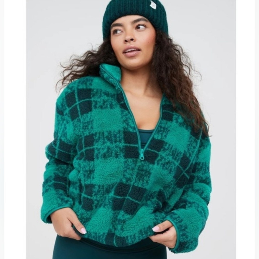 Offline by Aerie Fluffy Sherpa Quarter Zip Pullover Green Plaid Buffalo Check SZ